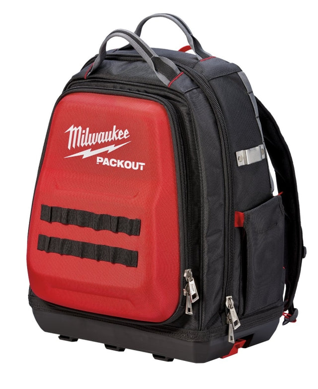 Milwaukee PACKOUT 48-22-8301 Tool Backpack, 11.81 in W, 15-3/4 in D, 15-3/4 in H, 48-Pocket, Polyester, Black/Red