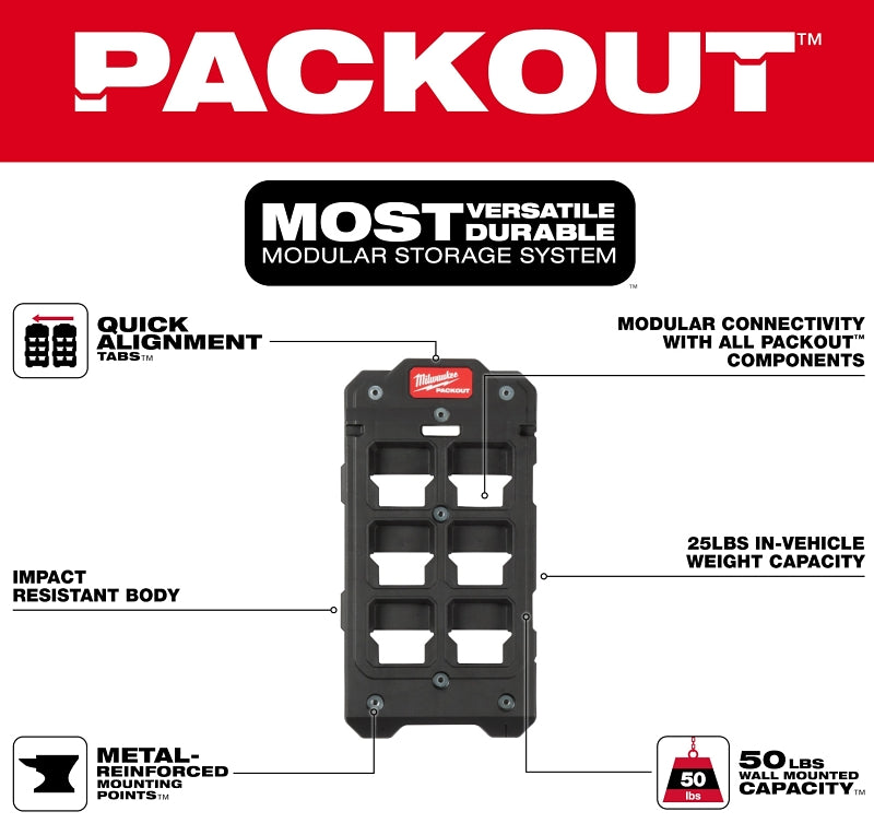 Milwaukee PACKOUT 48-22-8486 Compact Wall Plate, 50 lb Load, 20 in L, 10 in W, 1 in H, Polymer, Black