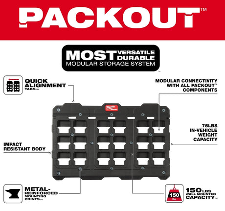 Milwaukee PACKOUT 48-22-8487 Large Wall Plate, 150 lb Load, 30 in L, 20 in W, 1 in H, Polymer, Black