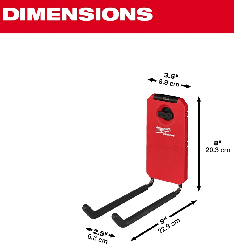 Milwaukee PACKOUT 48-22-8330 Straight Hook, 25 lb Load, 9 in L, 3-1/2 in W, 8 in H, Metal/Polymer, Black/Red