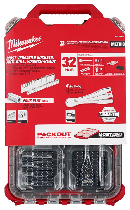 Milwaukee 48-22-9482 Ratchet and Socket Set, Chrome Vanadium Steel, Chrome-Plated