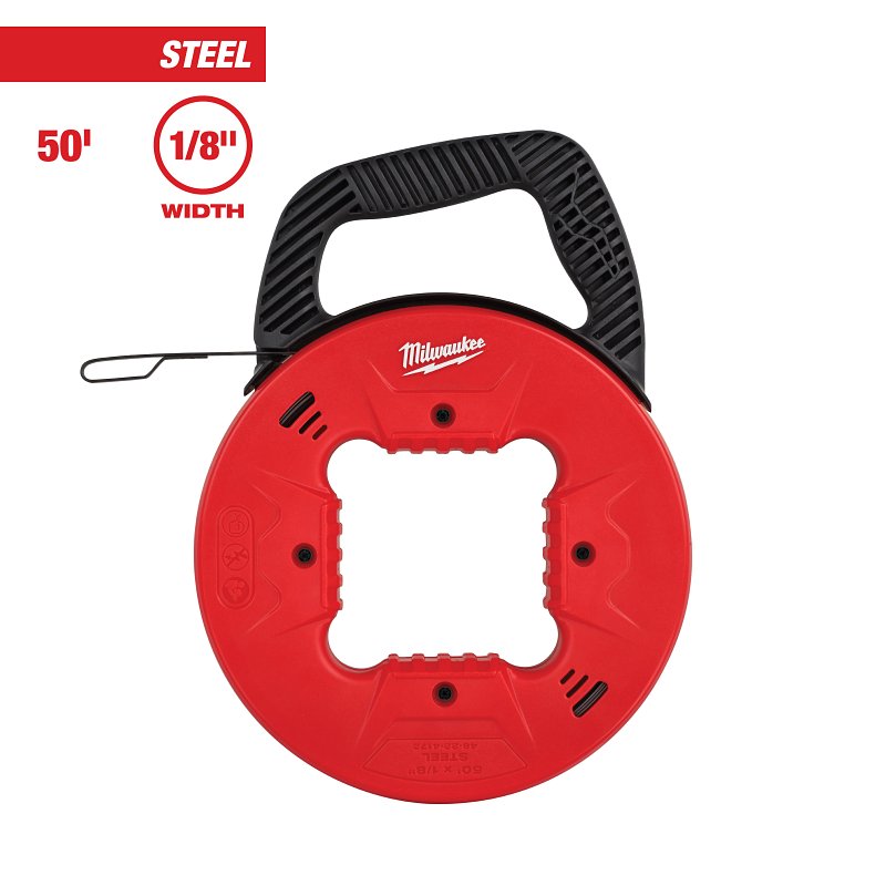 Milwaukee 48-22-4172 Fish Tape, 1/8 in W Tape, 50 ft L Tape, Steel Tape, Black/Red Case