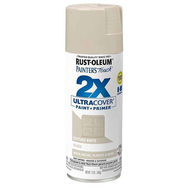 Painter's Touch 2X Ultra Cover 334040 Spray Paint, Gloss, Cottage White, 12 oz, Aerosol Can