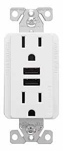 Eaton TR7765W-KB-L Series USB Combination Receptacle, White, 2-Pole, 15 A at 125 VAC, 3.6 A at 5 VDC, 125 VAC, 5 VDC