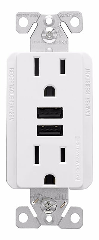 Eaton TR7765W-KB-L Series USB Combination Receptacle, White, 2-Pole, 15 A at 125 VAC, 3.6 A at 5 VDC, 125 VAC, 5 VDC