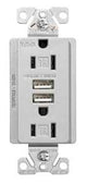 Arrow Hart TR7755SG-K-L Combination USB Receptacle, 2 -Pole, 3.1 A USB, 15 A Receptacle, 2 -USB Port, Silver Granite