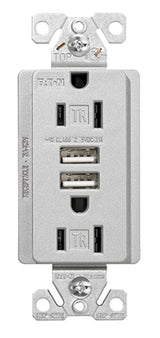 Arrow Hart TR7755SG-K-L Combination USB Receptacle, 2 -Pole, 3.1 A USB, 15 A Receptacle, 2 -USB Port, Silver Granite