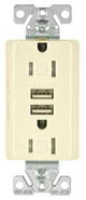 Arrow Hart TR7755LA-K Series Combination USB Receptacle, Light Almond, 2-Pole, 3.1 A USB, 15 A Receptacle, 2-USB Port