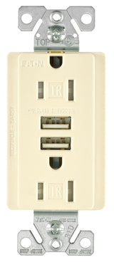 Arrow Hart TR7755LA-K Series Combination USB Receptacle, Light Almond, 2-Pole, 3.1 A USB, 15 A Receptacle, 2-USB Port