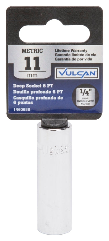 Vulcan MT6487809 Drive Socket, 11 mm Socket, 1/4 in Drive, 6-Point, Chrome Vanadium Steel, Chrome