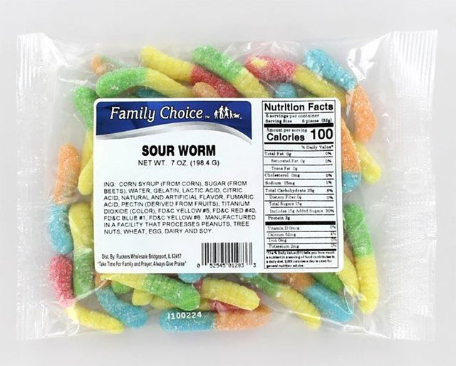 Family Choice 1283 Sour Worm Candy, 7.5 oz, Pack of 12