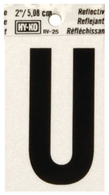 Hy-Ko RV-25/U Reflective Letter, 1-1/2 in W x 3 in H Dimensions, Character: U, 2 in H Character, Black Character, Vinyl, Pack of 10