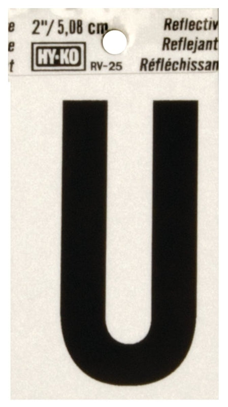 Hy-Ko RV-25/U Reflective Letter, 1-1/2 in W x 3 in H Dimensions, Character: U, 2 in H Character, Black Character, Vinyl, Pack of 10