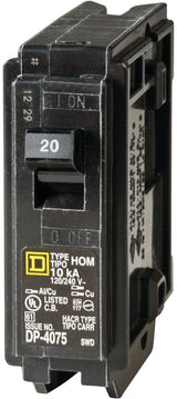 Square D Homeline HOM120C Circuit Breaker, Mini, 20 A, 1 -Pole, 120 V, Plug Mounting, Black