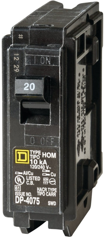 Square D Homeline HOM120C Circuit Breaker, Mini, 20 A, 1 -Pole, 120 V, Plug Mounting, Black
