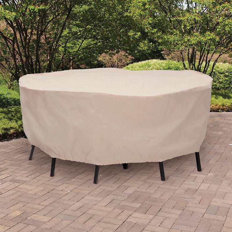 Mr. BAR-B-Q 07838BB Round Table and Chair Dining Set Cover, 30 in L, 80 in W, Elastic, Taupe
