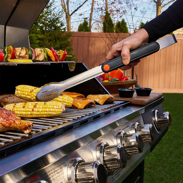 Mr. BAR-B-Q 20162Y Locking Tongs, Stainless Steel Blade, Stainless Steel, Plastic Handle, Ergonomic Handle, 16.9 in OAL