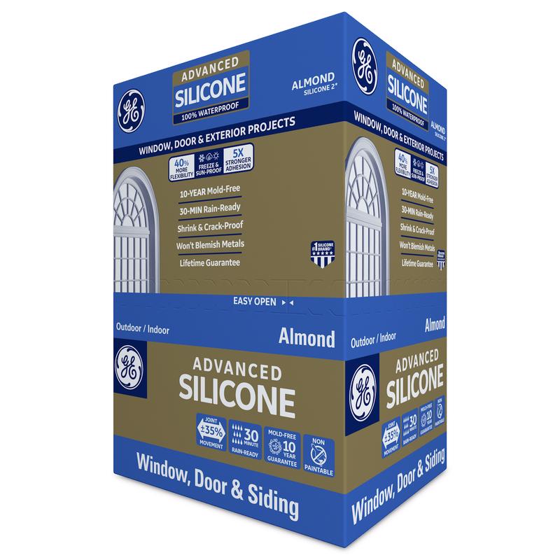 GE Advanced Almond Silicone 2 Window and Door Caulk Sealant 10.1 oz, Pack of 12
