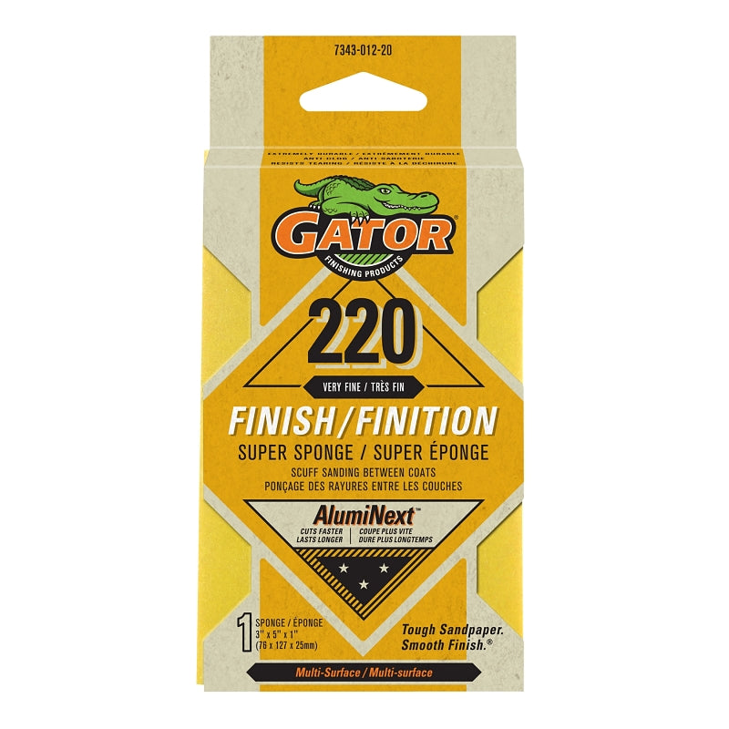 Gator 734301220 Sanding Sponge, 5 in L, 3 in W, 220 Grit, Aluminum Oxide Abrasive, M Size