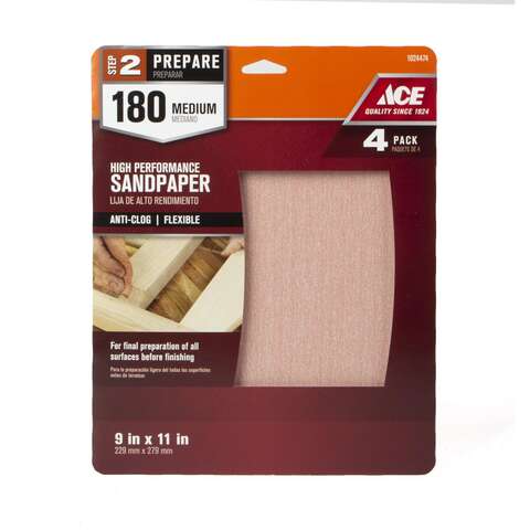 Ace 11 in. L X 9 in. W 180 Grit Aluminum Oxide All Purpose Sandpaper 4 pk