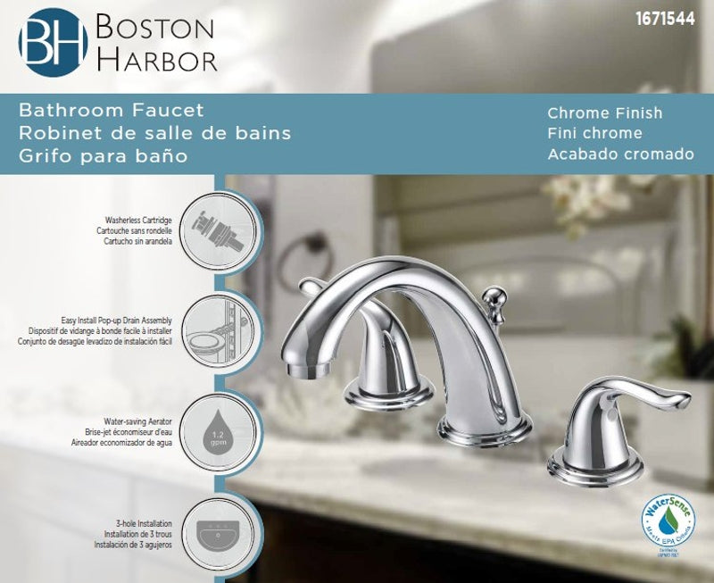 Boston Harbor TQ-FW6B0000CP Lavatory Faucet, 1.2 gpm, 2-Handle, 3-Faucet Hole, Brass/Plastic/Zinc, Lever Handle