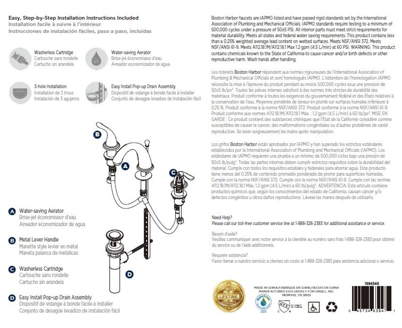 Boston Harbor TQ-FW6B0000NP Lavatory Faucet, 1.2 gpm, 2-Handle, 3-Faucet Hole, Brass/Plastic/Zinc, Lever Handle