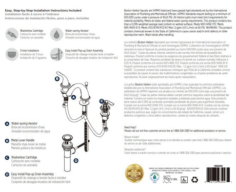 Boston Harbor TQ-FW6B0000NP Lavatory Faucet, 1.2 gpm, 2-Handle, 3-Faucet Hole, Brass/Plastic/Zinc, Lever Handle