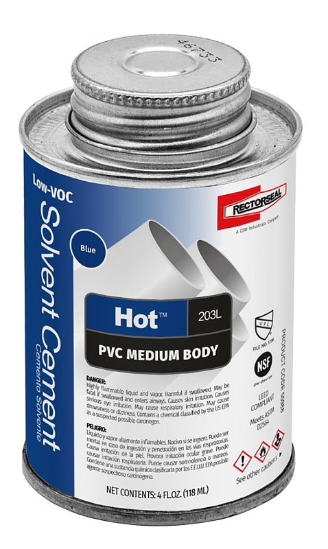 Rectorseal Hot 203L 55988 Medium Body Solvent Cement, 1/4 pt Can, Liquid, Blue, Pack of 24