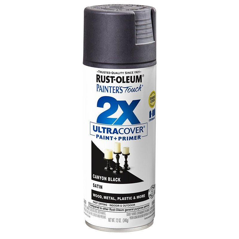 Painter's Touch 2X Ultra Cover 346951 Spray Paint, Satin, Canyon Black, 12 oz, Aerosol Can