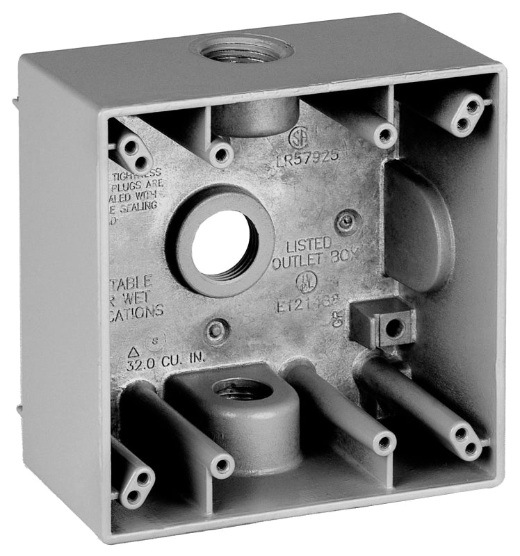 Teddico/Bwf 2504-1 Outlet Box, 117.3 cu-in, 4-1/2 in, 2-Gang, 4-Knockout, Metal, Gray, Powder-Coated