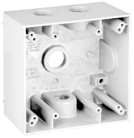 Teddico/Bwf 2504W-1 Outlet Box, 2-Gang, 4-Knockout, 4-1/2 in, Metal, White, Powder-Coated