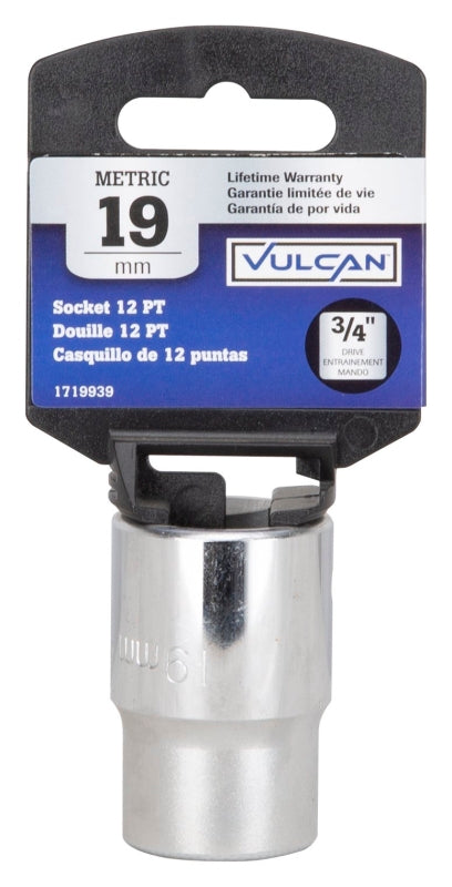 Vulcan MT-SM6019 Drive Socket, 19 mm Socket, 3/4 in Drive, 12-Point, Chrome Vanadium Steel, Chrome