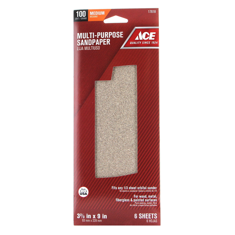Ace 9 in. L X 3-2/3 in. W 100 Grit Aluminum Oxide Sandpaper 6 pk, Pack of 10