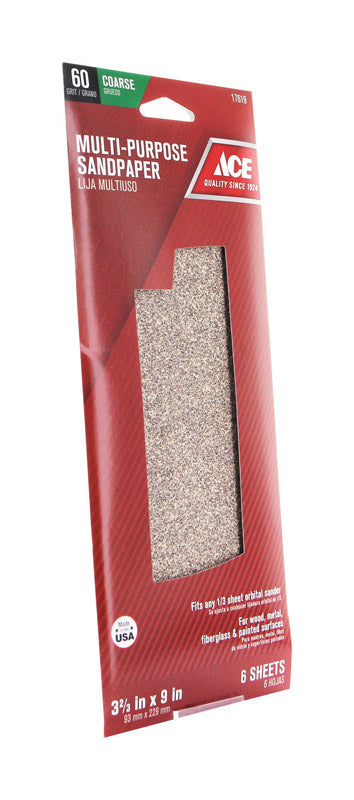 Ace 9 in. L X 3-2/3 in. W 60 Grit Aluminum Oxide Sandpaper 6 pk, Pack of 10