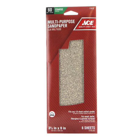 Ace 9 in. L X 3-2/3 in. W 60 Grit Aluminum Oxide Sandpaper 6 pk, Pack of 10