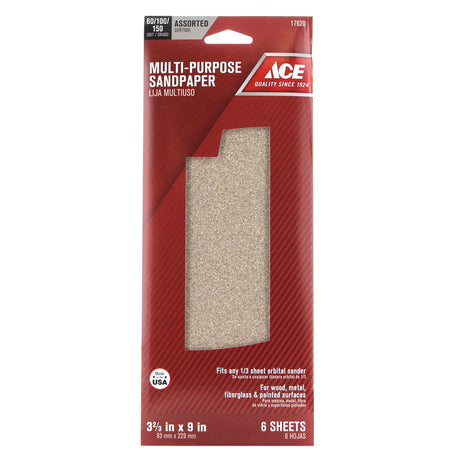 Ace 9 in. L X 3-2/3 in. W Assorted Grit Aluminum Oxide Sandpaper 6 pk, Pack of 10