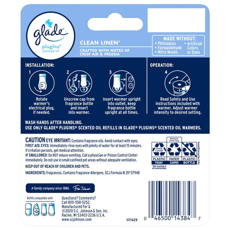 Glade Plug-Ins Clean Linen Scent Air Freshener Refill 1.34 oz Liquid, Pack of 6