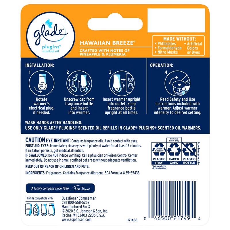 Glade Plug-Ins Hawaiian Breeze Scent Air Freshener Oil Refill 1.34 oz Liquid 2 pk, Pack of 6