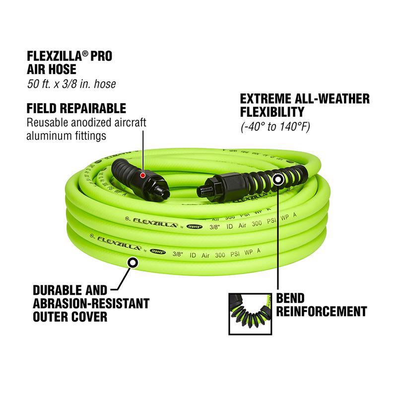 Legacy Flexzilla Pro 50 ft. L X 3/8 in. D Hybrid Polymer Air Hose 300 psi Zilla Green
