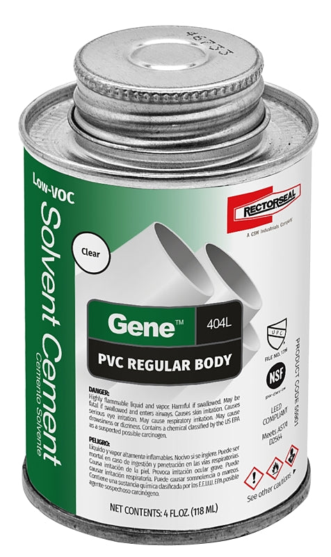 Rectorseal Gene 404L 55901 Regular Body Solvent Cement, 1/4 pt Can, Liquid, Clear, Pack of 24