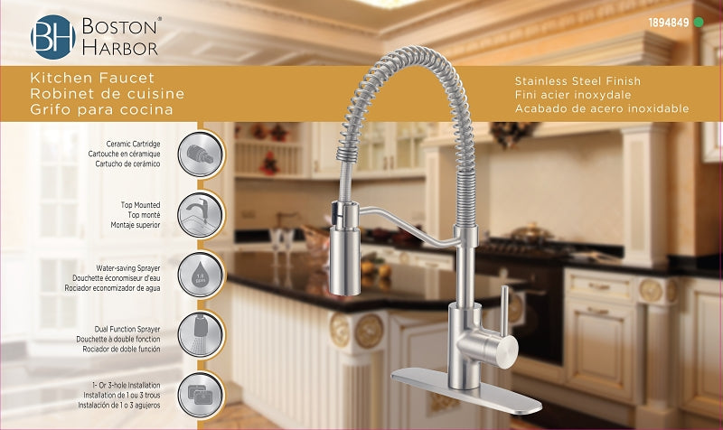 Boston Harbor FP4A0096NP Spring Pull-Down Kitchen Faucet, 1.8 gpm, 1-Handle, 1 or 3-Faucet Hole