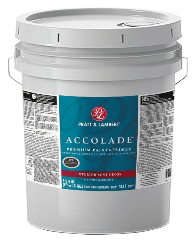 Pratt & Lambert Accolade Z4900 0000Z4980-20 Exterior Premium Paint and Primer, Semi-Gloss, Bright White, 5 gal