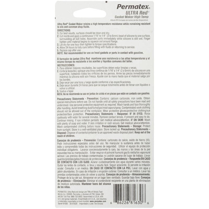 Permatex Ultra Red 81630 Gasket Maker, 3.35 oz, Paste