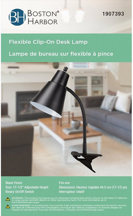 Boston Harbor TL-CL-170-BLACK3 Flexible Clip-On Desk Lamp, 120 V, 60 W, 1-Lamp, CFL Lamp, Black Fixture, Black