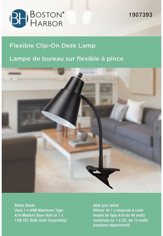 Boston Harbor TL-CL-170-BLACK3 Flexible Clip-On Desk Lamp, 120 V, 60 W, 1-Lamp, CFL Lamp, Black Fixture, Black
