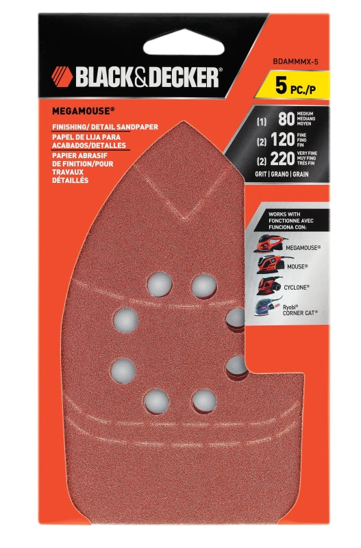 Black+Decker BDAMMMX-5 Sanding Sheet, 4.06 in W, 4-3/8 in L, 80, 120, 220 Grit, Aluminum Oxide Abrasive