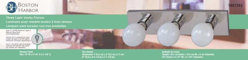 Boston Harbor V5CH03 Vanity Bar Fixture, 100 W, 3-Lamp, G Lamp, Steel Fixture, Polished Chrome Fixture