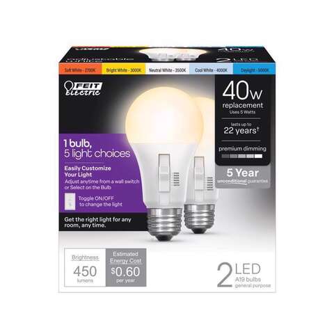 Feit A19 E26 (Medium) LED Bulb Color Changing 40 Watt Equivalence 2 pk