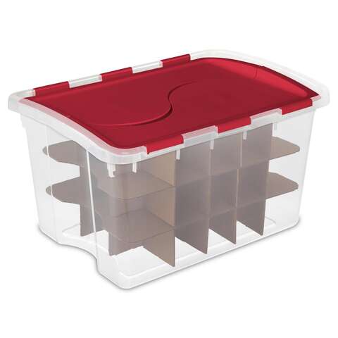 Sterilite 48 qt Clear/Red Ornament Storage Box w/Hinged Lid 13.13 in. H X 22.38 in. W X 15.88 in. D, Pack of 6