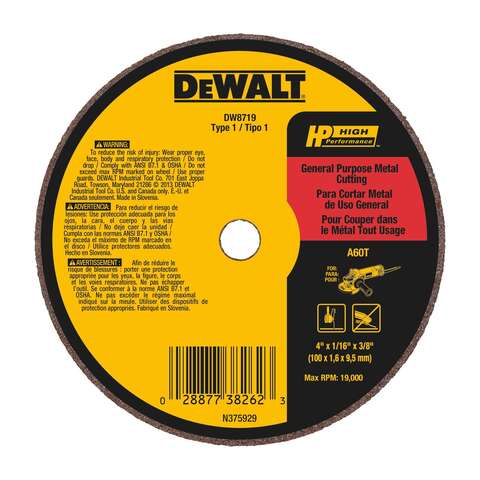 DeWalt High Performance 4 in. D X 3/8 in. Aluminum Oxide Cut-Off Wheel 1 pc